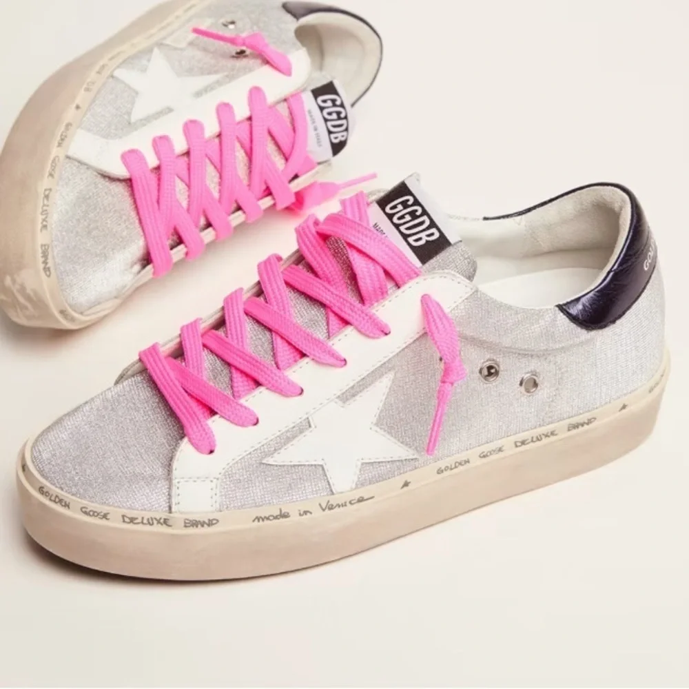 Golden Goose Hi Star sneakers in glitter with checkered pattern and white star
